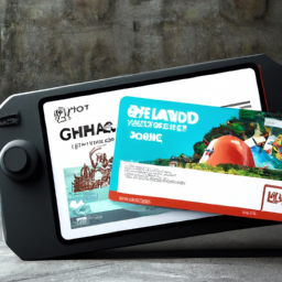 description: an image of a nintendo switch console with a pair of game vouchers displayed on the screen. the vouchers have the logos of popular games such as super mario odyssey and the legend of zelda: breath of the wild.