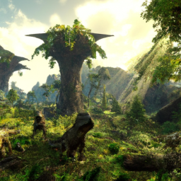 description (anonymous): a screenshot from ark: survival ascended showcasing a lush, pre-historic landscape with towering dinosaurs and a group of players cautiously exploring their surroundings.