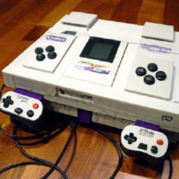 description: a compact and charming replica of the original super nintendo entertainment system (snes) console. two wired controllers are connected to the console, and there is an hdmi output for easy connection to modern tvs. the console is surrounded by various snes game cartridges, showcasing the diverse range of games available on the nintendo classic mini.