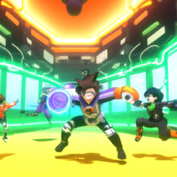the image shows a screenshot of the game my hero ultra rumble, with various characters from the anime my hero academia visible. the characters are in a battle royale arena, with some fighting each other while others are running away. the graphics are bright and colorful, with lots of special effects and animations.