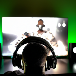 description: an anonymous gamer wearing xbox stereo headsets, fully immersed in the gaming experience. the gamer is sitting in front of a television screen, holding a controller, and wearing a headset with a sleek design. the image captures the intensity and excitement of gaming, showcasing the importance of a high-quality headset for an immersive experience.