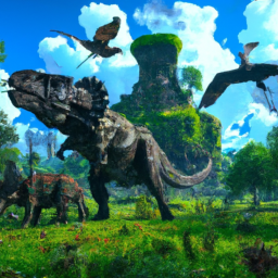 description: an image depicting a lush, prehistoric landscape with towering dinosaurs and a group of human characters wielding weapons and riding on dinosaurs. the image showcases the vibrant graphics and intense gameplay of ark: survival ascended.