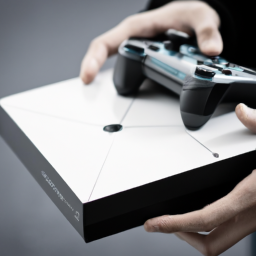 description: an anonymous image of a person holding a ps5 console in their hands, looking at it thoughtfully. the console is black and white, with a sleek, futuristic design.