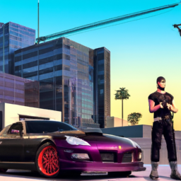 description: the image shows a player character in gta 5, standing next to a luxurious sports car in a vibrant cityscape. the character is holding a weapon and wearing a bulletproof vest.category: new games