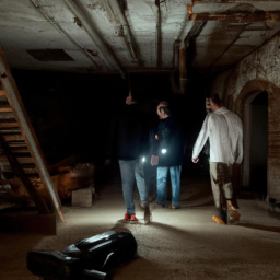 description: A team of paranormal investigators with ghost-hunting equipment exploring a dark, haunted location.
