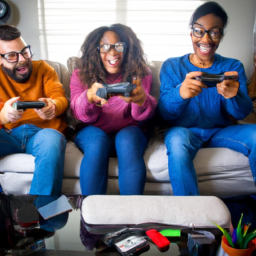description: a group of friends sitting on a couch, laughing and playing nintendo switch games together.