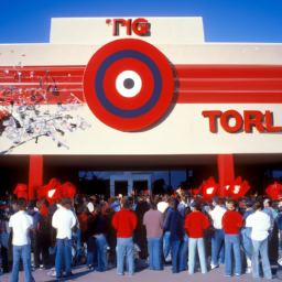description: an anonymous image shows a crowd of people eagerly waiting in line outside a target store during a black friday sale. the store is adorned with festive decorations and a large banner displaying the playstation 5.