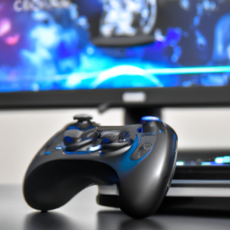 description: a black console with blue accents and a white logo on the front. a black dualsense controller is placed in front of the console. the background is a blurred image of a gaming setup with a monitor, keyboard, and mouse.