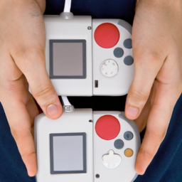 description: an anonymous image of a person holding a mini nintendo console, playing a game with detachable controllers. the console is shown in both handheld and docked mode, showcasing its versatility and convenience.