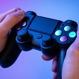 description: an image showing a person holding a ps5 controller next to a ps4 console. the person is playing a game on the console, demonstrating the use of a ps5 controller on a ps4.