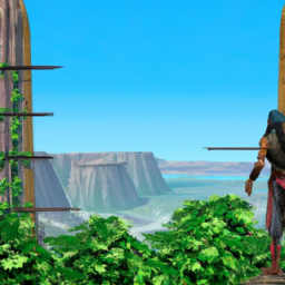 description: a screenshot from the game towers of aghasba featuring a character standing on top of a tower in a fantasy world with lush greenery and mountains in the background.