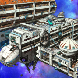 An image of a space station, with various ships and structures surrounding it.