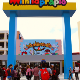 description: Excited visitors gather around the entrance of Super Nintendo World, with colorful buildings and iconic Nintendo characters in the background.