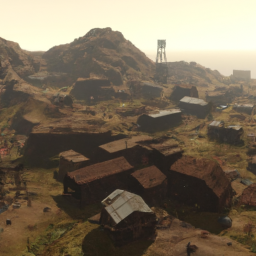 description: a screenshot from rust showcasing a desolate post-apocalyptic landscape with players scavenging for resources and constructing their bases.
