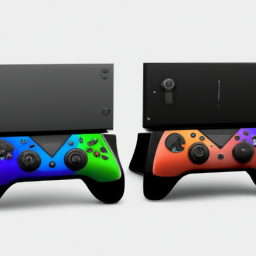 description: an image featuring two gaming consoles side by side, one resembling xbox series x and the other resembling ps5. the consoles are sleek and modern-looking, with colorful buttons and a display screen on each.