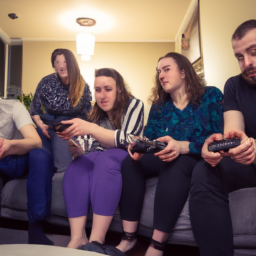 description: an image showcasing a group of friends sitting in a cozy living room, each holding a gaming controller. they are engaged in an intense game session, with smiles on their faces and a sense of camaraderie.