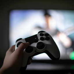 description: an image of a person holding an xbox controller, with a tv screen displaying a gameplay scene in the background.