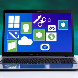 An image of a laptop with a Microsoft logo on the screen, showing various apps and tools from the company.