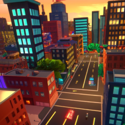 description: a screenshot of a virtual cityscape from the game, showing various high-rise buildings, bustling streets, and colorful vehicles moving around.