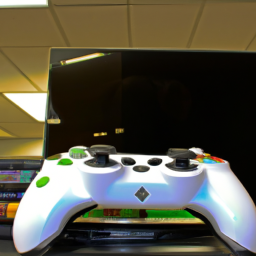 Description: A used Xbox Series S console with a controller and various game titles displayed in a pawn shop.
