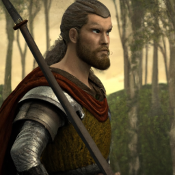 description: An image of a Viking warrior holding a sword, standing in front of a forest. The warrior is looking off into the distance with a determined expression on their face.