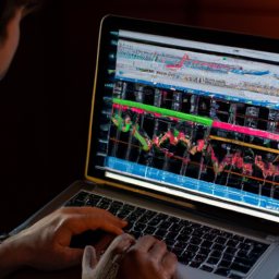 description: a person using a laptop with a stock market chart displayed on the screen. the image showcases a professional and focused individual leveraging a stock screener to analyze and identify potential investment opportunities. the anonymous individual demonstrates a commitment to research and data-driven decision-making in the realm of stock investing.