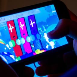 description: A person holding a Nintendo Switch in their hands and playing a game. The screen shows colorful and vibrant graphics. The person has a look of concentration on their face.