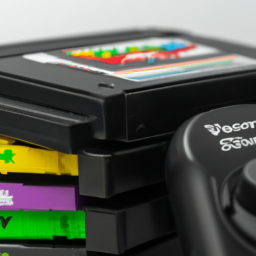 A black console with a colorful logo and a game cartridge next to it.