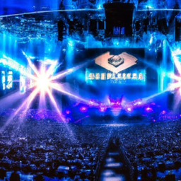 description: a captivating image displays a crowd of excited fans gathered in a grand hall, illuminated by vibrant stage lights. the atmosphere is electric, with anticipation and energy palpable in the air. the stage is adorned with the esports awards 2023 logo, serving as a focal point for the event. the image represents the thrilling celebration of gaming excellence and the unity of the esports community.