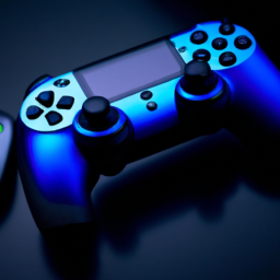description: an image shows a sleek, blue ps5 controller resting on a gaming console, surrounded by other gaming accessories. the controller's vibrant blue color stands out against the dark background, highlighting its modern design.