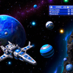 Description: The image features a screenshot of SpaceBourne 2, with a player's ship flying through space. The ship is a sleek, futuristic design, with blue and white coloring. In the background, there are stars and planets visible, giving a sense of the vastness of space.