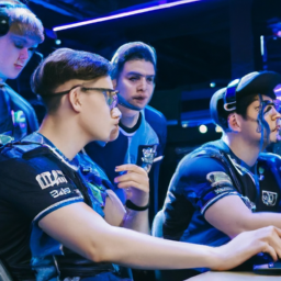 description: a group of professional esports players wearing evil geniuses jerseys, strategizing and discussing tactics in a gaming arena. the players are focused and determined, with intense expressions on their faces. the arena is filled with vibrant led lights, showcasing the electrifying atmosphere of an esports event.