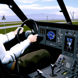 Description: An anonymous person sitting in a cockpit of a virtual airplane, ready to take off in the Microsoft Flight Simulator on the PlayStation 5.