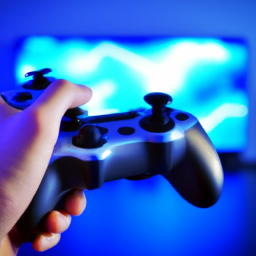 A hand holding a controller in front of a glowing blue screen with a gaming console in the background.