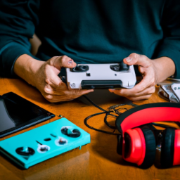 description: an image showing a person holding a nintendo switch console, with various game cartridges and accessories displayed neatly on a table beside them. the person is wearing headphones and has a focused expression while playing a game on the console.