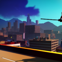 description: a screenshot from gta 5 showing a character wielding a powerful weapon in the vibrant cityscape of los santos.