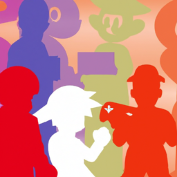 description: an anonymous image showcasing a colorful nintendo-themed background with silhouettes of various nintendo characters.