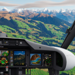 Description: An anonymous image of a virtual airplane flying over the stunning scenery of New Zealand, with mountains, forests, and cities visible in the distance. The plane is highly detailed and realistic, with visible cockpit instruments and realistic lighting effects. The image captures the beauty and realism of Microsoft Flight Simulator's latest world update.