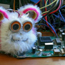 a stripped-down furby connected to a computer with wires and circuit boards visible in the background.