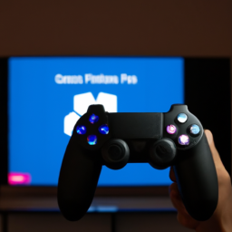 description: an image of a person holding a ps5 controller and looking at the screen, with a screenshot of a game capture displayed on the tv.