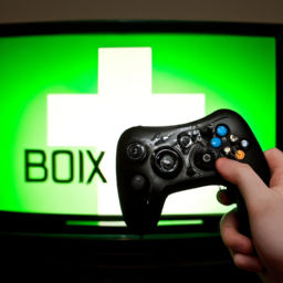 description: an image showing a person holding an xbox controller with the xbox logo displayed on a tv screen in the background.