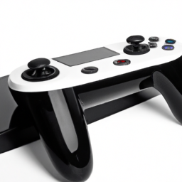 a sleek and modern-looking console with a black and white color scheme and a glowing power button. the console is sitting on a white surface, with no visible controllers or other accessories nearby.
