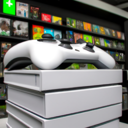 An image of the Xbox Series S console, sitting on a shelf at a Best Buy store. The console is white and has a black base, with a single controller sitting next to it. In the background, shelves are stacked with games and accessories.