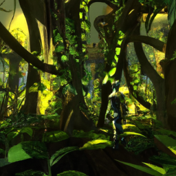 description: an anonymous screenshot of the game shows the protagonist standing in front of a lush, green jungle. the sunlight filters through the trees, casting dappled shadows on the ground. the protagonist looks off into the distance, as if searching for something. the environment is incredibly detailed, with vines and foliage covering every surface.