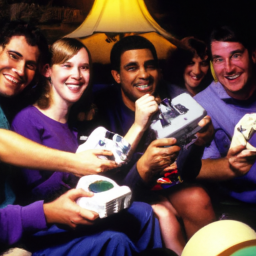 description: an anonymous image showcasing a group of friends playing the nintendo gamecube, with smiles on their faces and controllers in their hands.