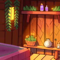 description: an anonymous image showcasing a beautifully decorated sauna in stardew valley, with cozy lighting, plants, and unique furniture arrangements.