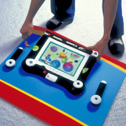 description: an anonymous image showcasing the nintendo power pad, a flat mat-like device with colorful buttons and arrows, connected to a nintendo console. the image captures a person standing on the power pad, engaged in a high-energy gaming session.