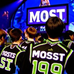 description: an image of a group of people playing video games on a large screen, with a banner that reads "moist esports" in the background. the players are all wearing moist esports jerseys, and they are surrounded by a crowd of fans who are cheering them on.