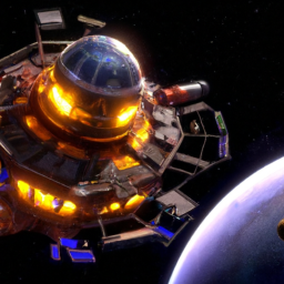 description: an anonymous image showing a futuristic space station orbiting a distant planet. the station is surrounded by stars, giving the image a sense of wonder and exploration. the vibrant colors and detailed architecture of the station indicate the game's high-quality graphics and attention to visual aesthetics.