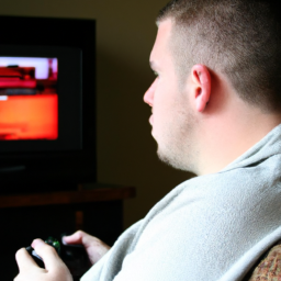 description: a person holding a controller and staring intently at a tv screen. the screen shows a game being played, with colorful graphics and characters. the person appears to be immersed in the game, with a look of determination on their face.